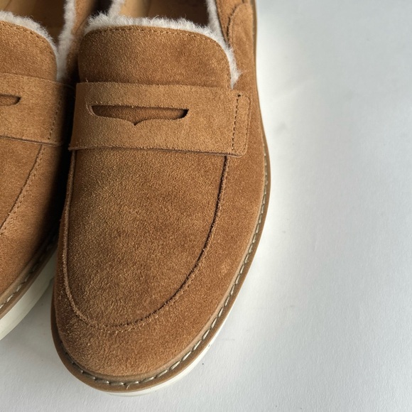 UGG Penny Tan Suede Sheepskin Leather Fur Trim Rubber Outsole Loafers size 8 - Picture 6 of 16